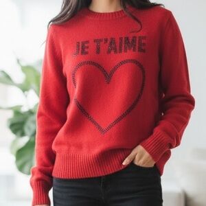 NANETTE LEPORE red sweater w/ silver embellishment “Je’ Taime heart” XS  NWT